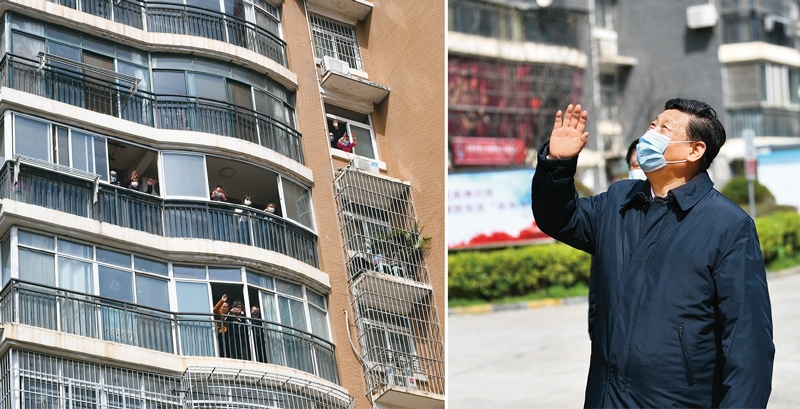 2020年3月10日，習(xí)近平專門赴湖北省武漢市考察新冠肺炎疫情防控工作。這是習(xí)近平在東湖新城社區(qū)考察時，向在家隔離居住的居民揮手致意、表示慰問（拼版照片）