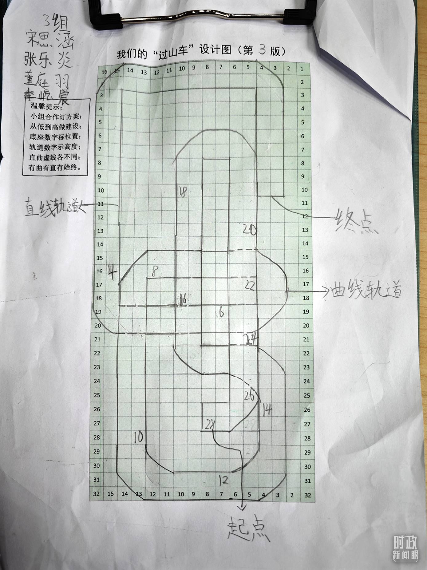 △學(xué)生們搭建過(guò)山車模型的設(shè)計(jì)圖。（總臺(tái)央視記者彭漢明拍攝）