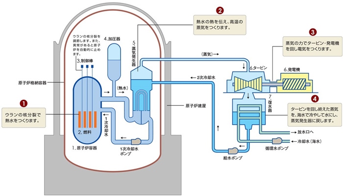 核電站運(yùn)作原理圖。通常的核電站排水未直接接觸核燃料。（圖片來(lái)源：日本北海道電力株式會(huì)社網(wǎng)站）