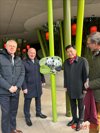中國駐德國大使吳懇（右二）、柏林市長韋格納（左二）、動物園園長克尼里姆（右一）和監(jiān)事會主席布魯克曼（左一）共同為“夢想”“夢圓”大熊貓紀(jì)念牌揭幕。人民網(wǎng)記者 徐馨攝