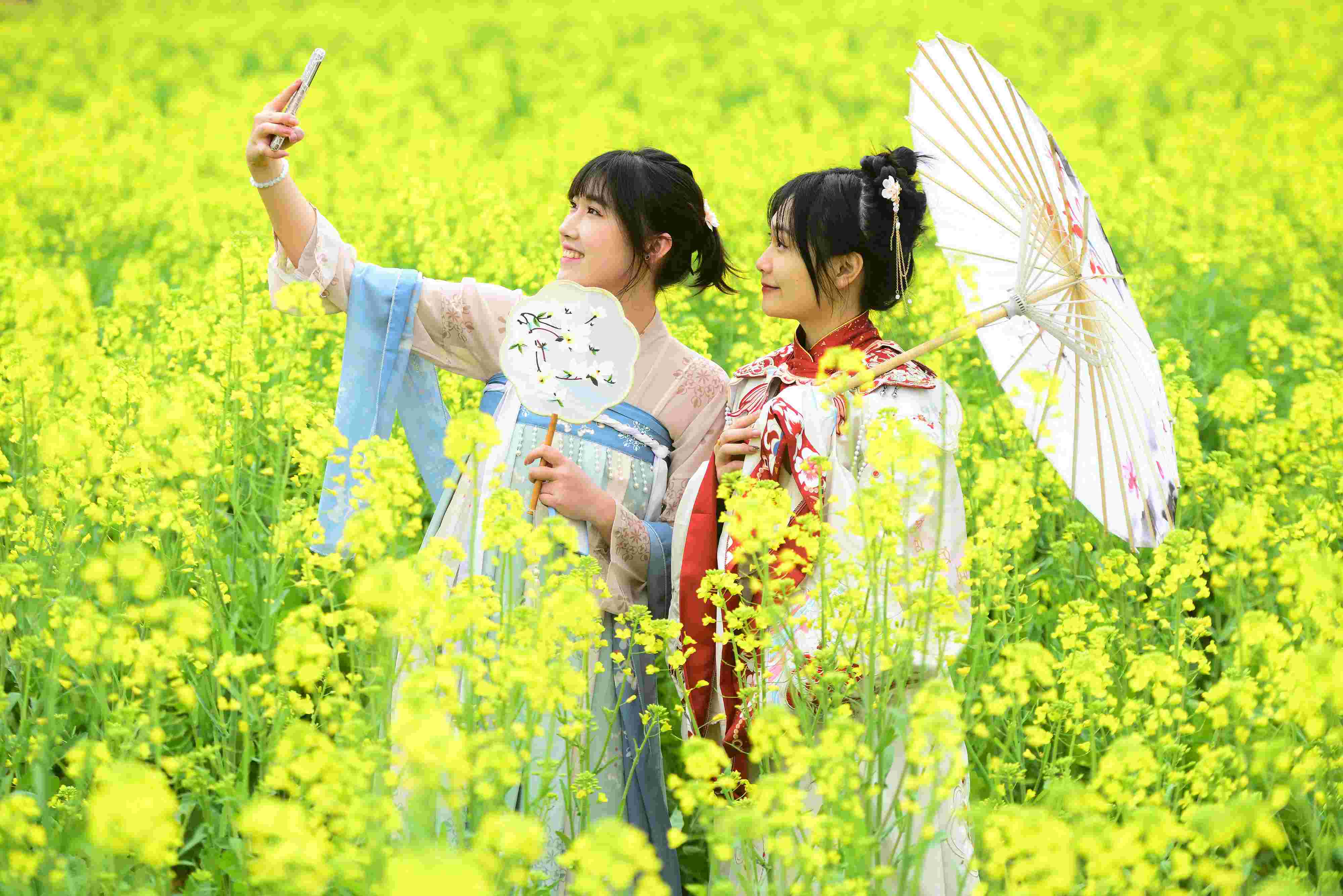 △ 2024年2月16日，廣西賀州，在富川瑤族自治縣麥嶺鎮(zhèn)三民村，游客在油菜花田間賞花拍照。