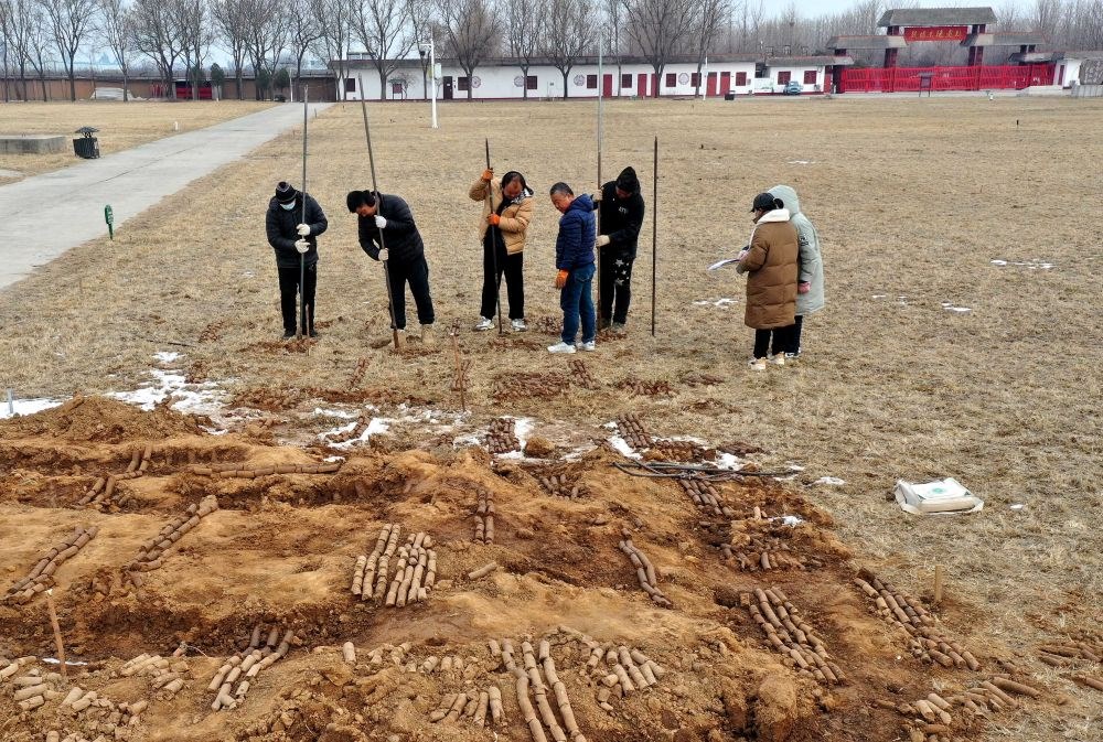在殷墟王陵遺址，工作人員在勘探圍溝范圍（2月24日攝）。