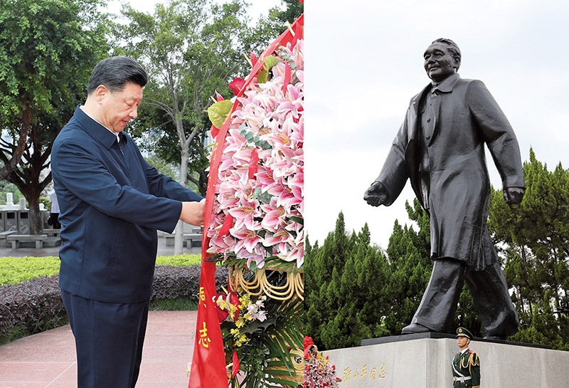 2020年10月14日，深圳經濟特區(qū)建立40周年慶祝大會在廣東省深圳市隆重舉行。中共中央總書記、國家主席、中央軍委主席習近平在會上發(fā)表重要講話。這是當天下午，習近平來到蓮花山公園，向鄧小平同志銅像敬獻花籃。 新華社記者 王曄/攝