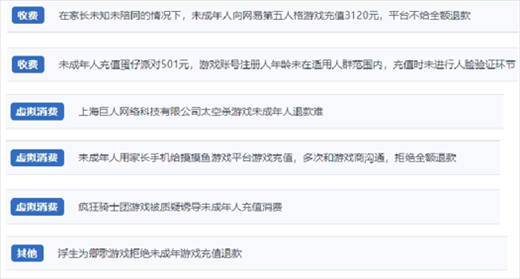 網(wǎng)友涉及“熊孩子”氪金相關(guān)投訴問題。（“人民投訴”用戶投訴截圖）