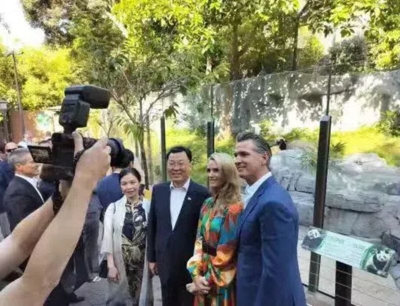 謝鋒大使及夫人與加州州長紐森夫婦在圣迭戈動物園大熊貓館前合影。圖片為中國駐美大使館提供