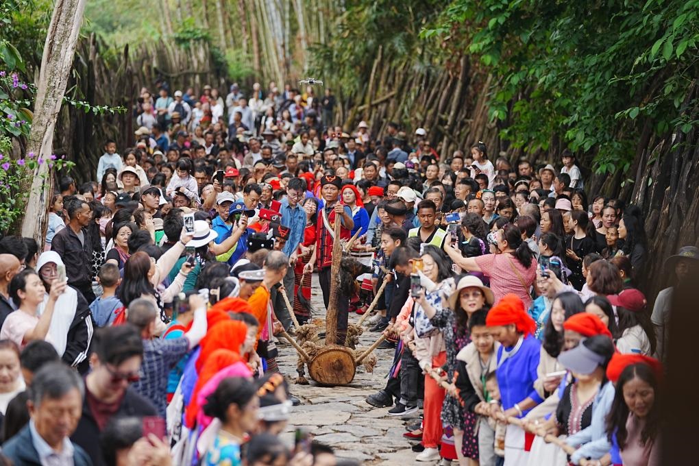 5月3日，各地游客在滄源縣翁丁村和村民一起參加佤族傳統(tǒng)民俗拉木鼓活動。（滄源縣融媒體中心供圖）