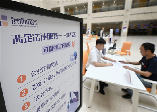 在天津?yàn)I海新區(qū)政務(wù)服務(wù)中心，工作人員在“涉企法律服務(wù)一件事”專區(qū)為市民提供服務(wù)（2024年7月31日攝）。新華社記者 趙子碩 攝