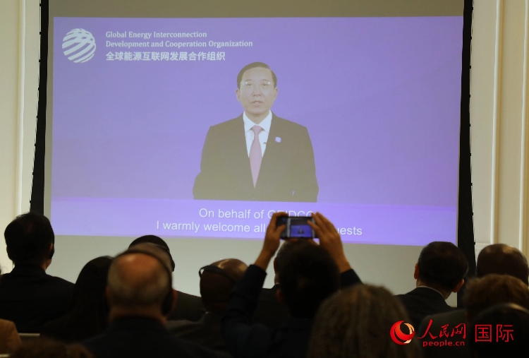 全球能源互聯(lián)網(wǎng)發(fā)展合作組織主席、中國電力企業(yè)聯(lián)合會理事長辛保安通過視頻方式致辭。人民網(wǎng)記者 李志偉攝
