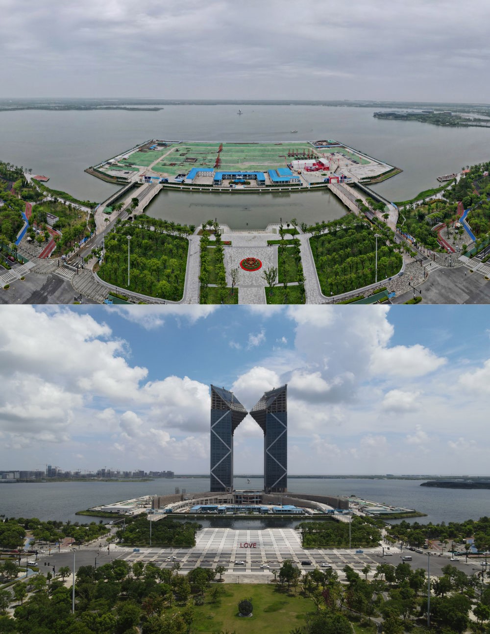 拼版照片：空中俯瞰中國（上海）自由貿(mào)易試驗區(qū)臨港新片區(qū)滴水湖西島中銀金融中心項目現(xiàn)場（上圖為2021年6月20日攝，無人機照片；下圖為2024年8月14日攝，無人機照片）。2019年8月20日，臨港新片區(qū)揭牌成立，一個開放新高地在長江與東海交匯處日益崛起。