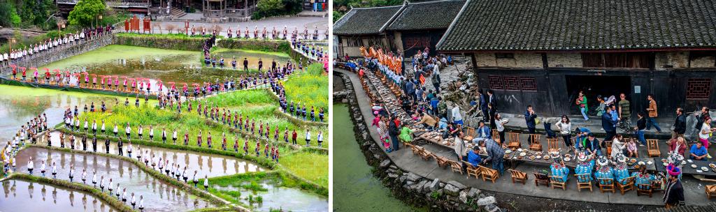 左圖：近期，人們?cè)诶杵娇h肇興侗寨的田園里演唱侗族大歌（黎平縣委宣傳部供圖）；右圖：這是2023年拍攝的十八洞村長(zhǎng)桌宴（湘西州委宣傳部供圖）。